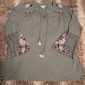 Style and Co. Olive Embroidered Peasant Top Blouse With Lace Up Neck 2X XXL